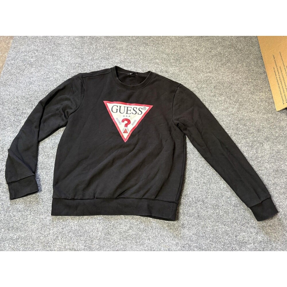 GUESS Sweatshirt Mens M Black Fleece Crewneck Logo Graphic Pullover Triangle